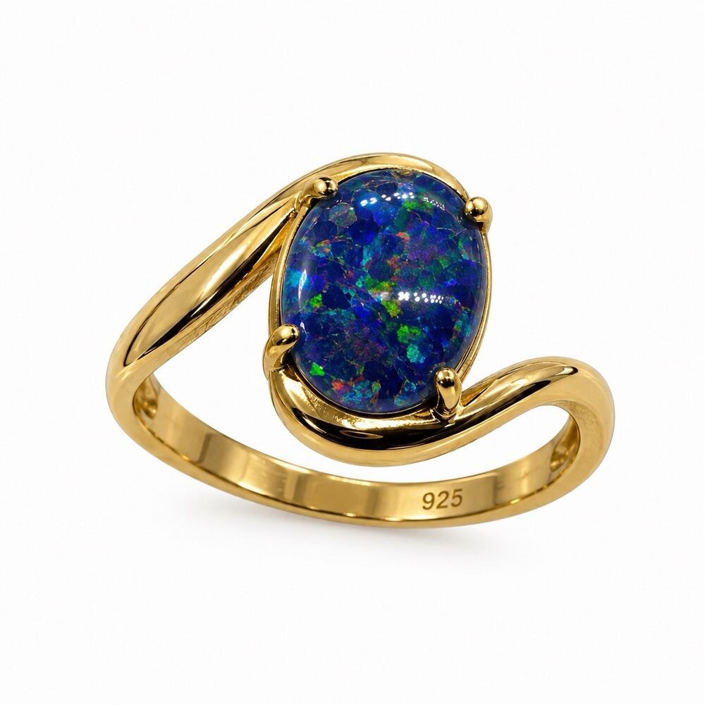 925 Sterling Silver Gold Plated Blue Opal Oval Ring Size 6